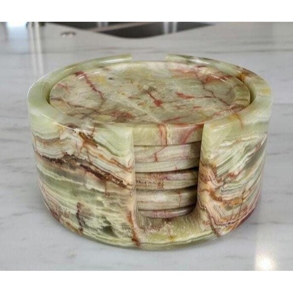 Green Onyx Coaster Set - 6 Natural Stone Coasters + Holder, Handmade Marble set - Picture 1 of 10